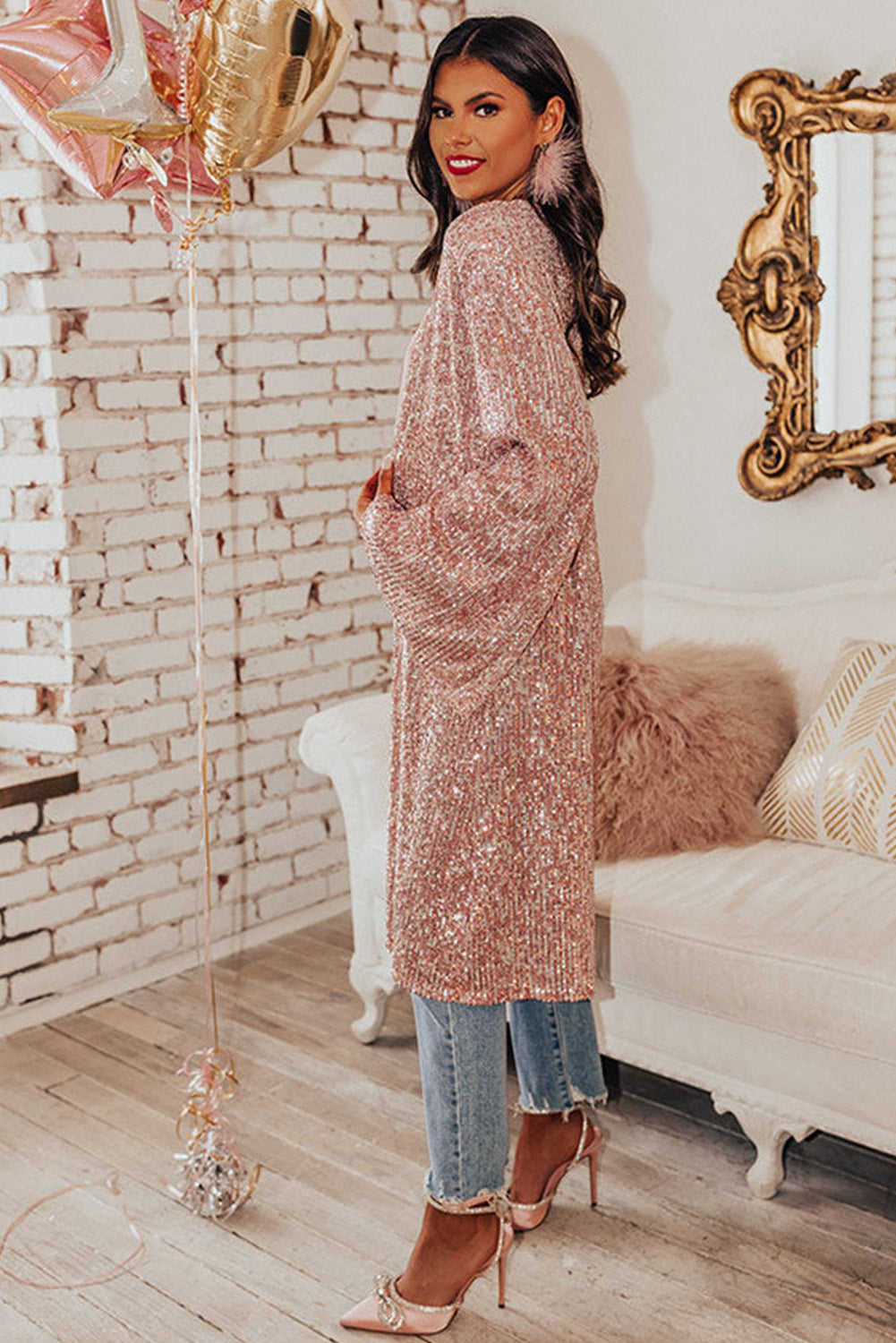 Pink Flare Sleeve Open Front Sequin Kimono Kimonos JT's Designer Fashion