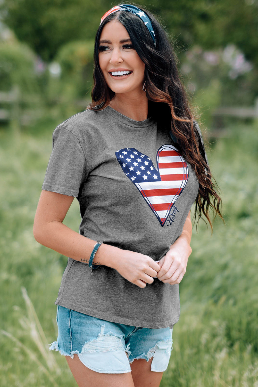 Gray Family Matching American Flag Heart Print Short Sleeve T Shirt Family T-shirts JT's Designer Fashion