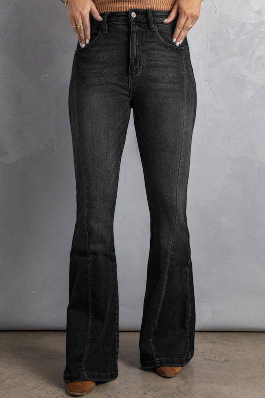 Black High Waist Flare Jeans with Pockets Black 68%Cotton+30%Rayon+2%Elastane Jeans JT's Designer Fashion