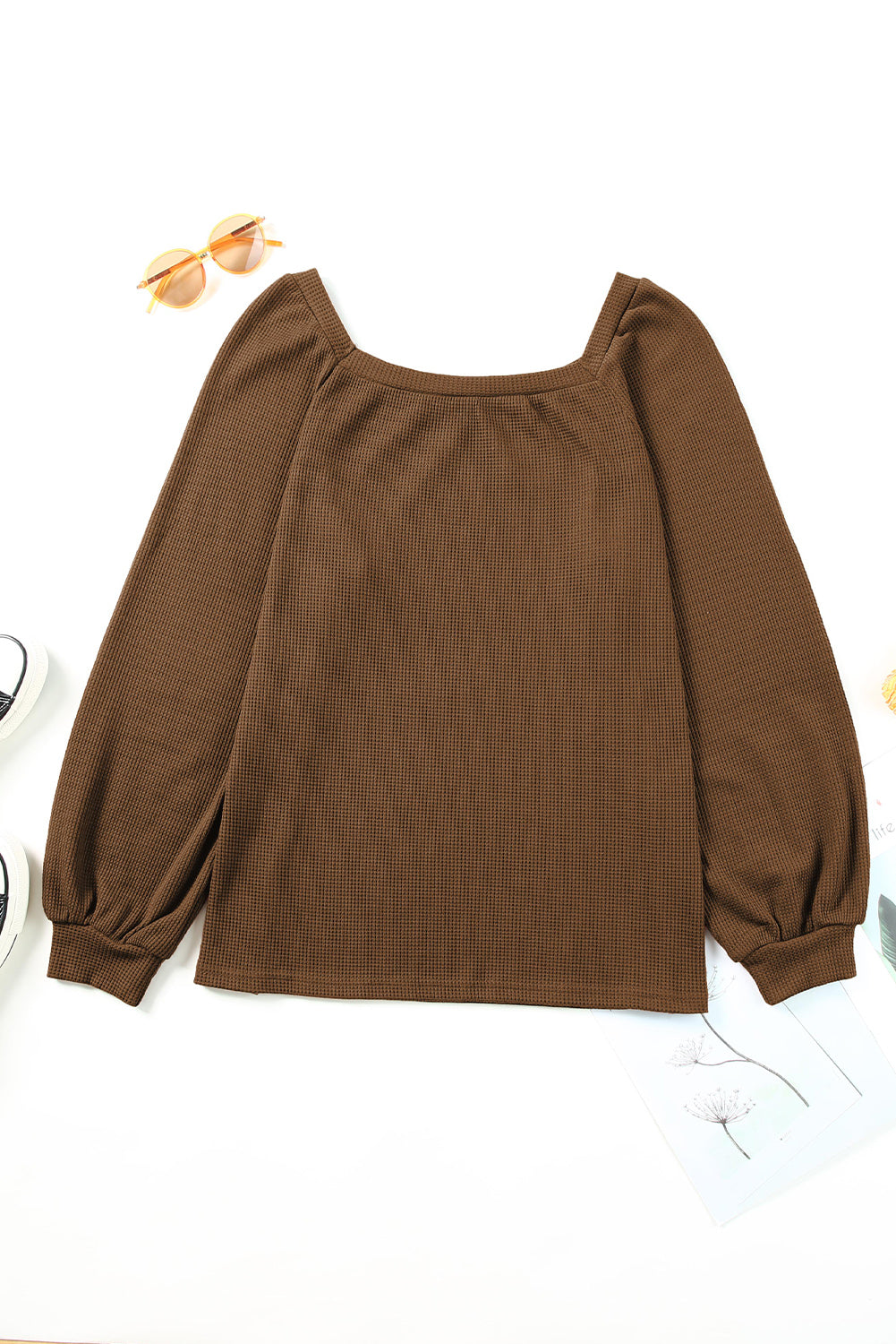 Brown Scoop Neck Puff Sleeve Waffle Knit Top Long Sleeve Tops JT's Designer Fashion