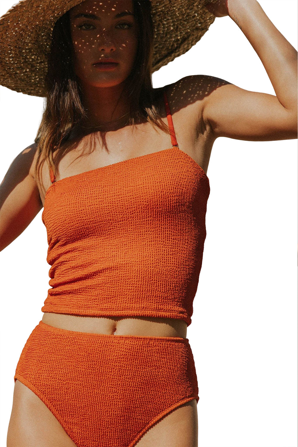 Orange Solid Crinkle Textured Spaghetti Strap Tankini 2pcs Swimsuit Tankinis JT's Designer Fashion