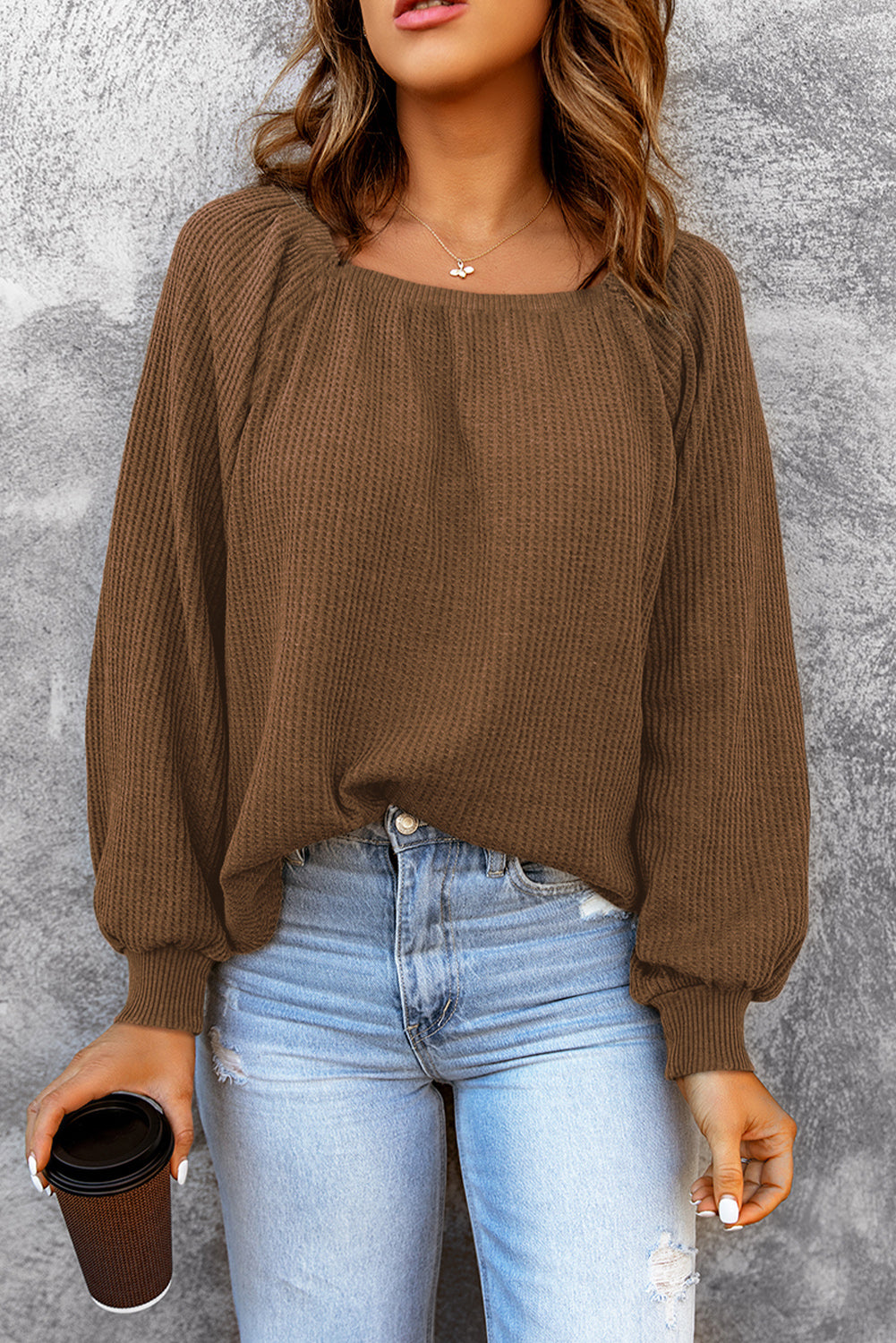 Brown Scoop Neck Puff Sleeve Waffle Knit Top Brown 95%Polyester+5%Elastane Long Sleeve Tops JT's Designer Fashion