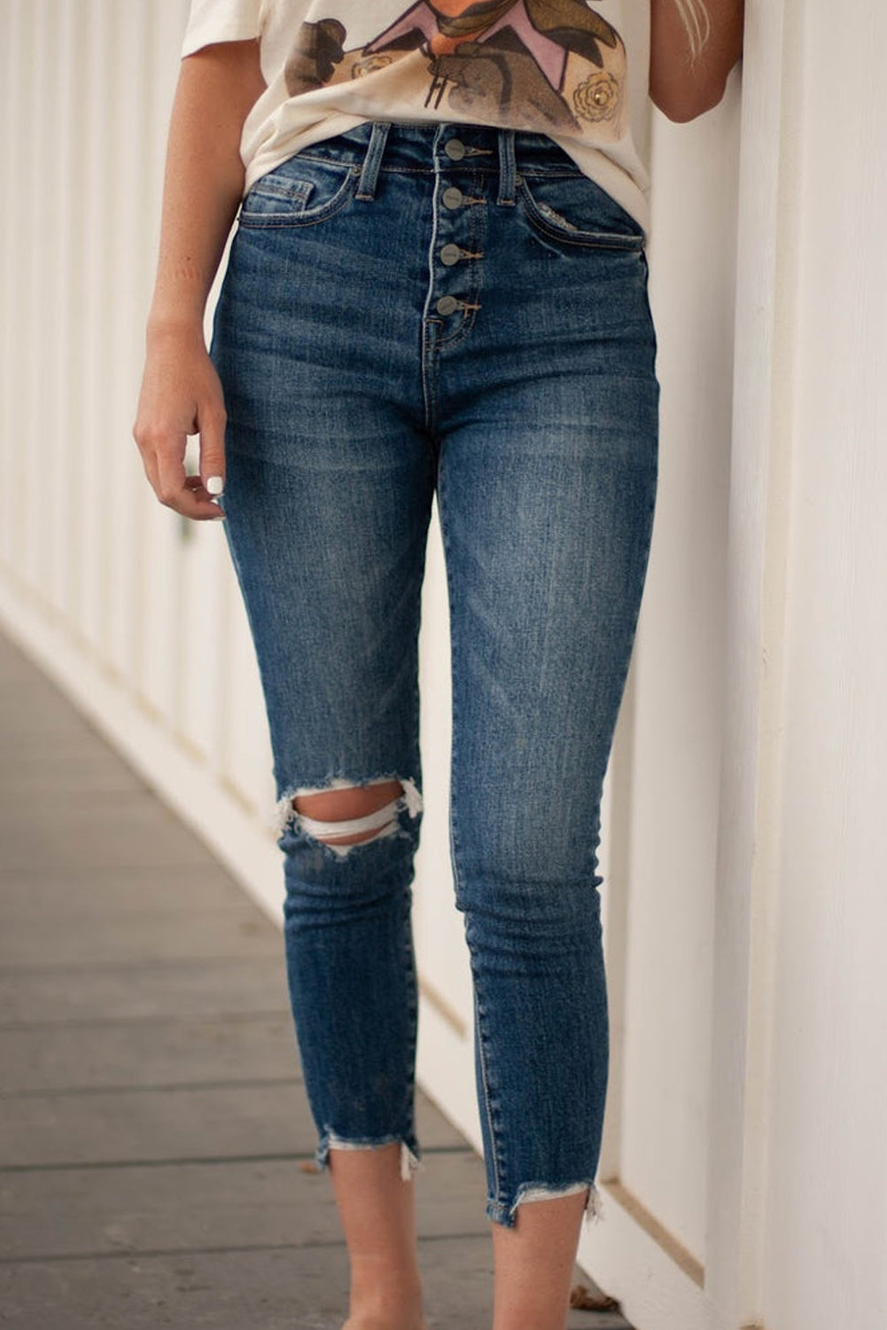 Blue Button Fly High Waist Ripped Skinny Fit Ankle Jeans Blue Jeans JT's Designer Fashion