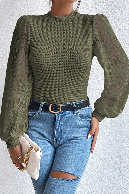 Pickle Green Sunflower Mesh Long Sleeve Waffle Knit Top Tops & Tees JT's Designer Fashion