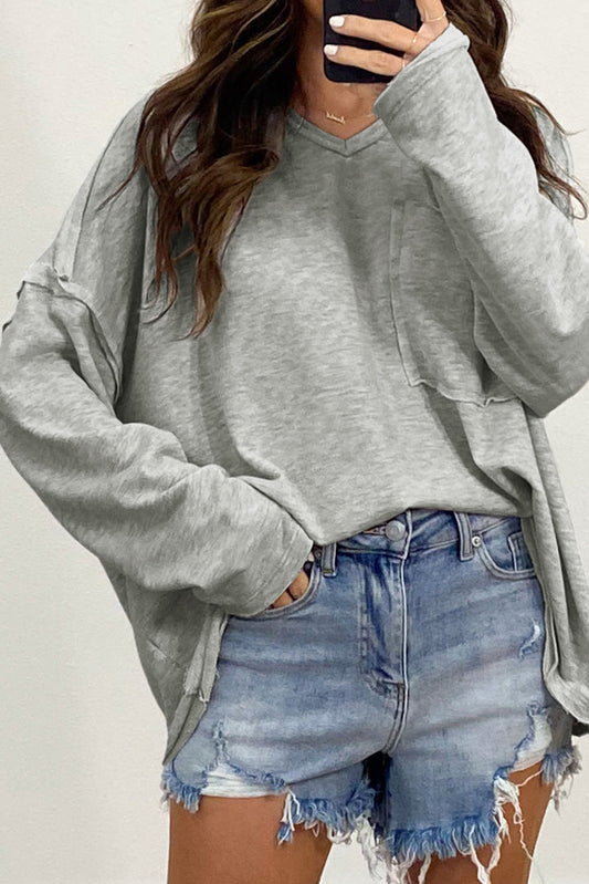 Gray Pocketed Oversized Drop Sleeve Top Gray 60%Cotton+35%Polyester+5%Elastane Long Sleeve Tops JT's Designer Fashion