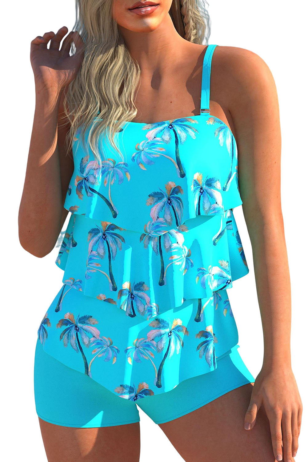 Sky Blue Coconut Tree Print Layered Tankini 2pcs Swimsuit Tankinis JT's Designer Fashion