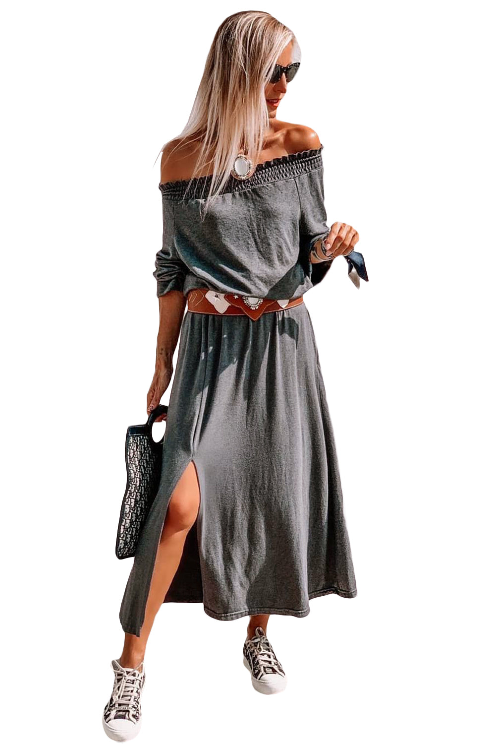 Gray Shirred Off Shoulder Maxi Dress with Split Maxi Dresses JT's Designer Fashion