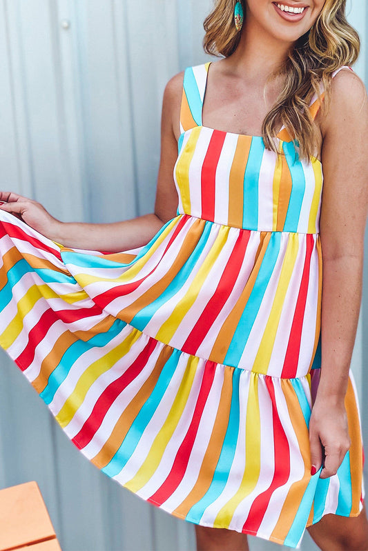 Multicolor Rainbow Stripe Print Tiered Sundress Mini Dresses JT's Designer Fashion