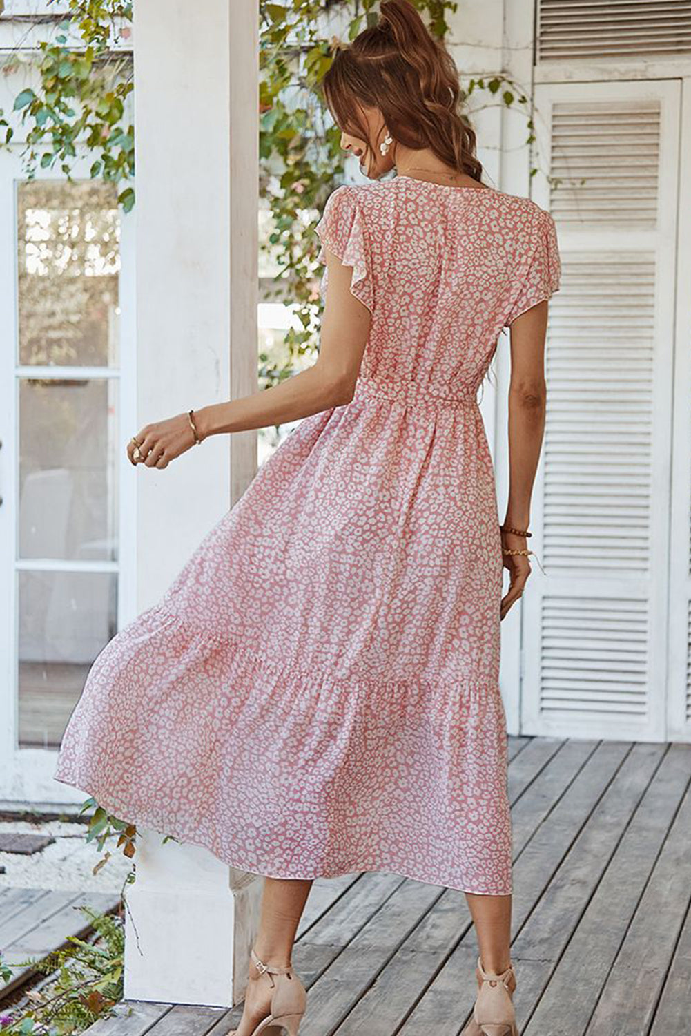 Pink Leopard Surplice Ruffled Sleeve Tiered Long Dress Maxi Dresses JT's Designer Fashion