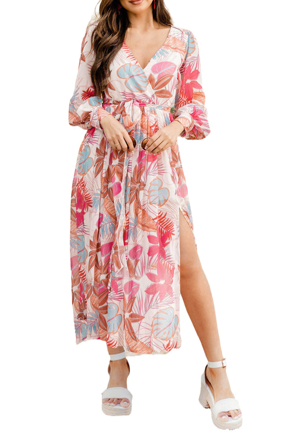 Pink Tropical Leaf Print V Neck Belted Maxi Split Dress Dresses JT's Designer Fashion