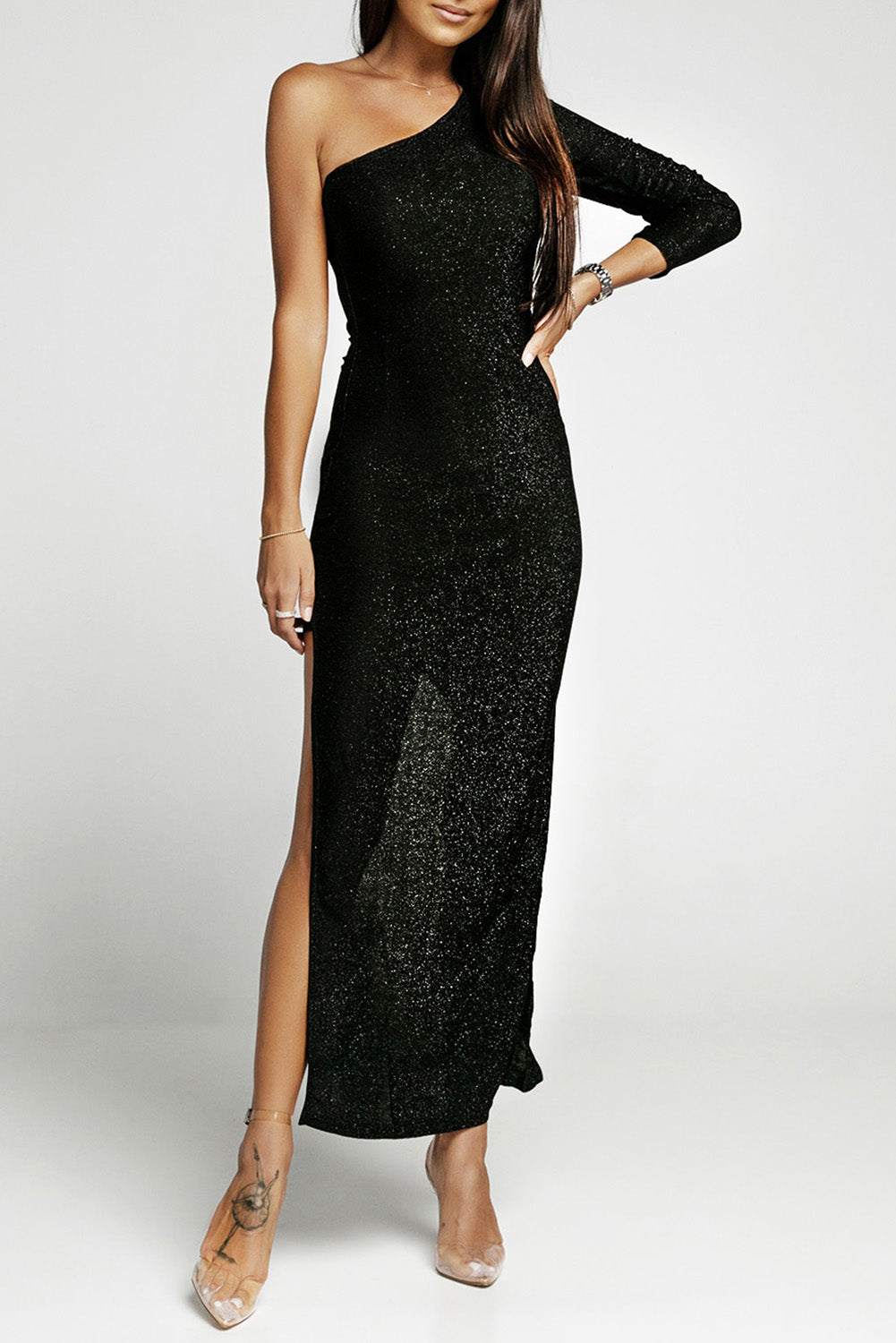 Black One-shoulder Glitter Metallic Asymmetric Long Dress Black 57%Polyester+33%Metallized fibres+10%Elastane Evening Dresses JT's Designer Fashion