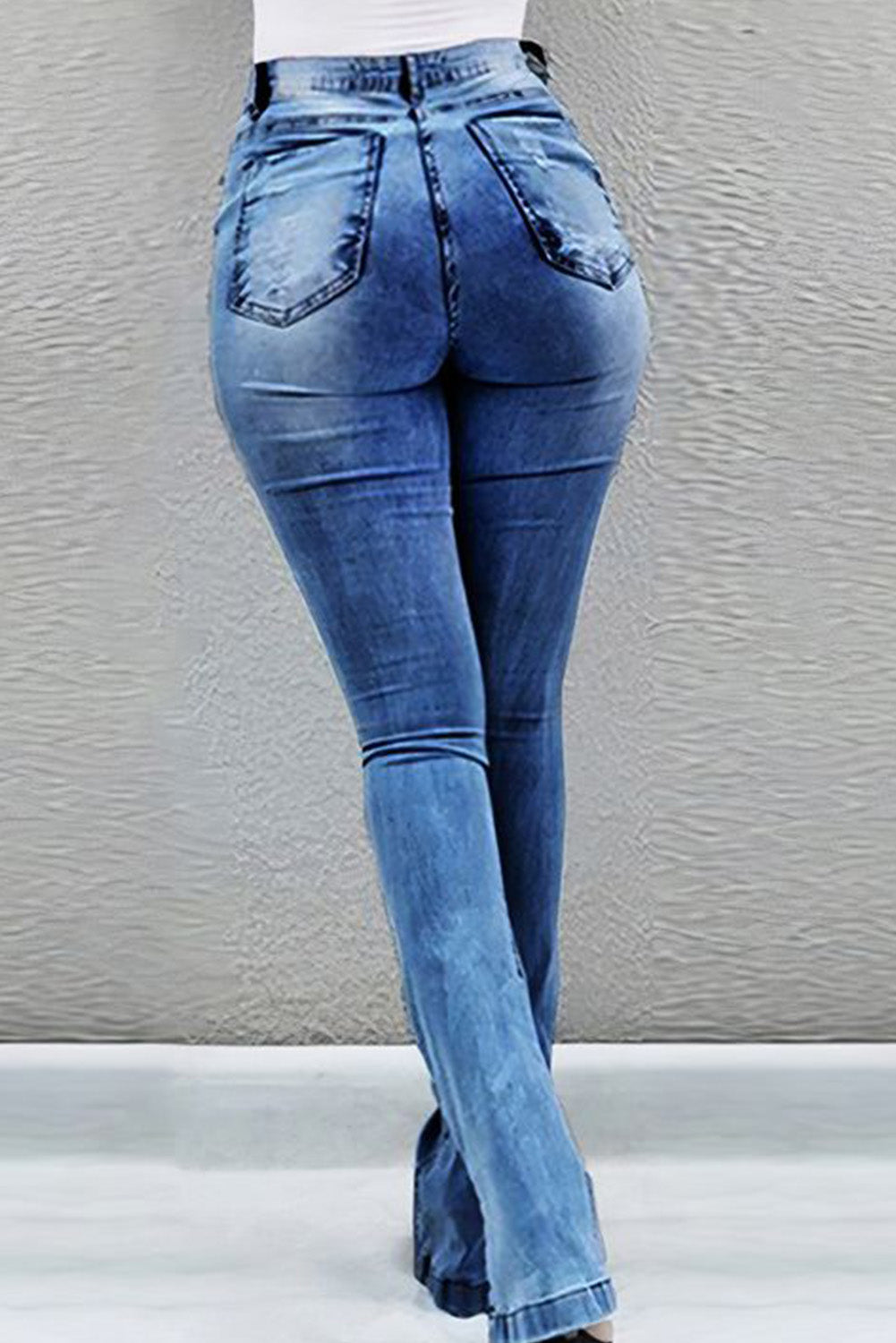 Sky Blue Split Hem Ripped High Waist Flare Jeans Jeans JT's Designer Fashion