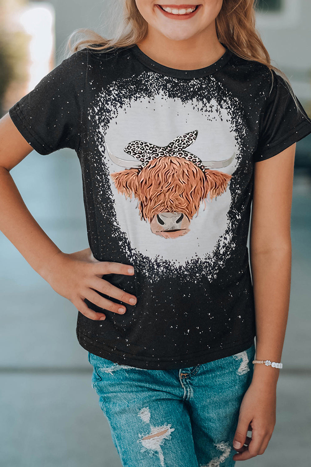 Black Family Matching Cow Head Graphic Print Color Block Girl's Top Black 95%Polyester+5%Elastane Family T-shirts JT's Designer Fashion