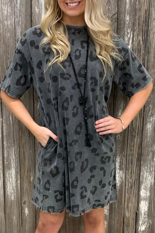 Gray Vintage Washed Leopard T-Shirt Dress with Pockets T Shirt Dresses JT's Designer Fashion