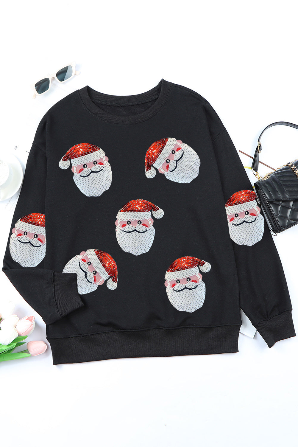 Black Santa Claus Sequin Graphic Sweatshirt Graphic Sweatshirts JT's Designer Fashion