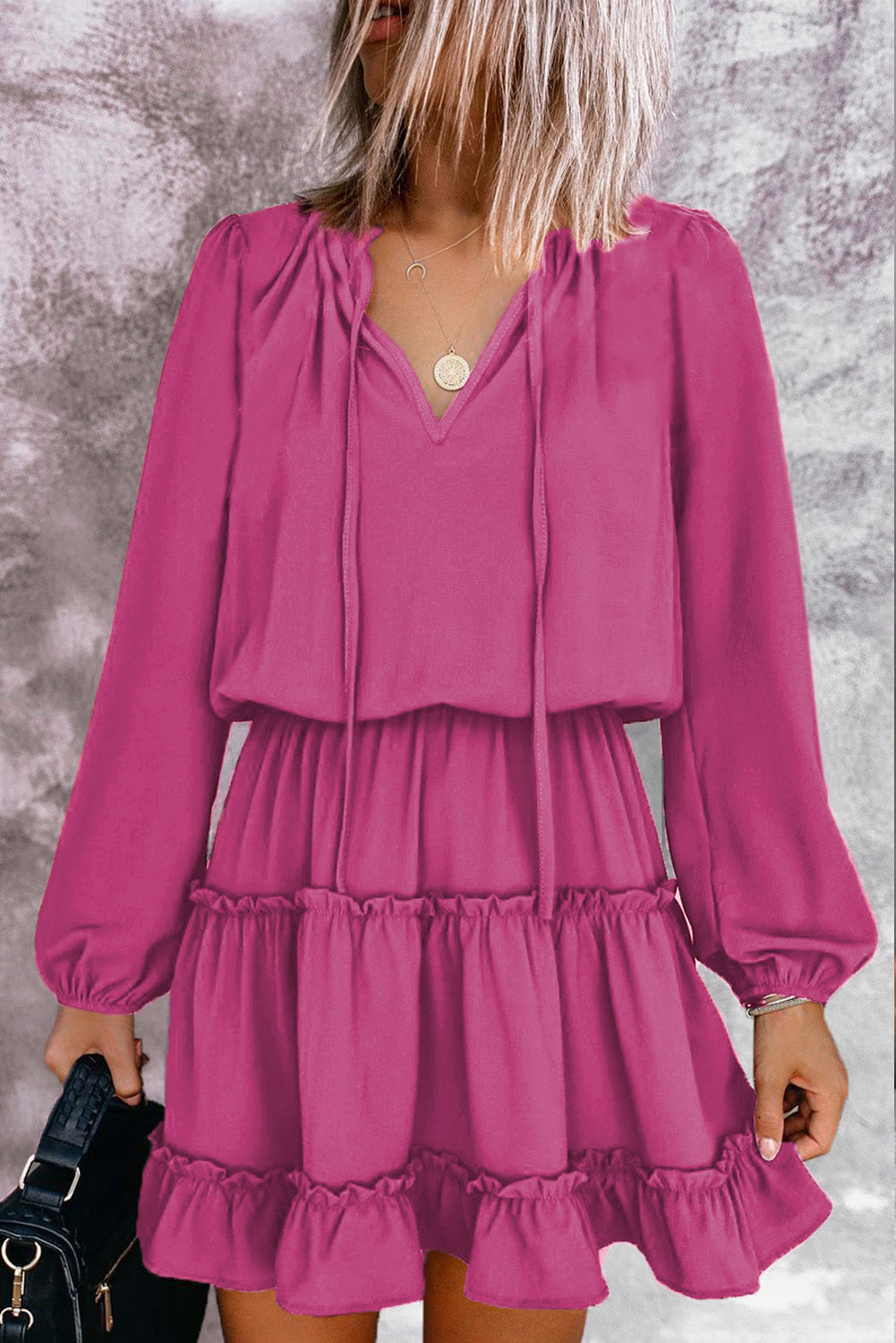 Rose V Neck Long Sleeve Ruffle Tiered Mini Dress Mini Dresses JT's Designer Fashion