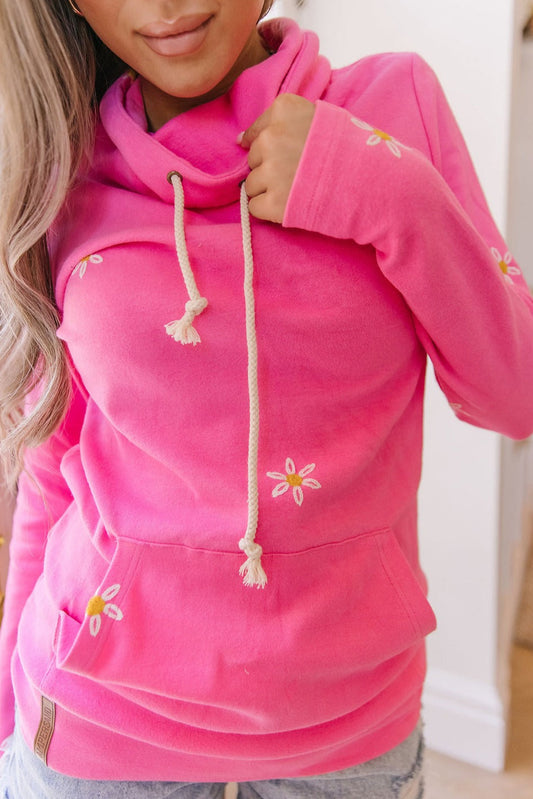 Pink Flower Embroidered Thumbhole Sleeve Cowl Neck Sweatshirt Pre Order Sweatshirts & Hoodies JT's Designer Fashion
