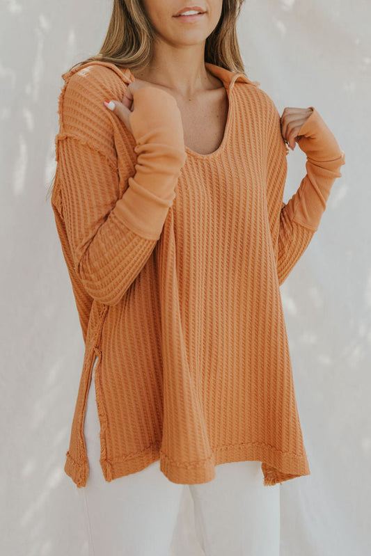 Orange Distressed Seam Trim Waffle Knit Top Orange 85%Polyester+10%Viscose+5%Elastane Long Sleeve Tops JT's Designer Fashion