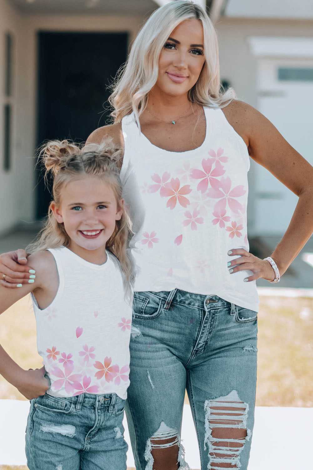 White Family Matching Cherry Blossom Pattern Print Adult Tank Top White 95%Cotton+5%Spandex Family T-shirts JT's Designer Fashion