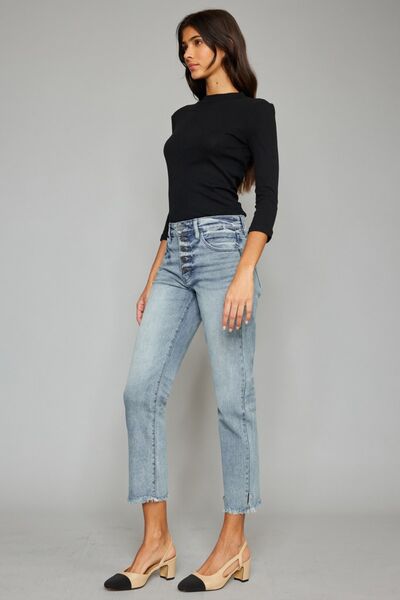 Kancan High Waist Button Fly Raw Hem Cropped Straight Jeans Jeans JT's Designer Fashion
