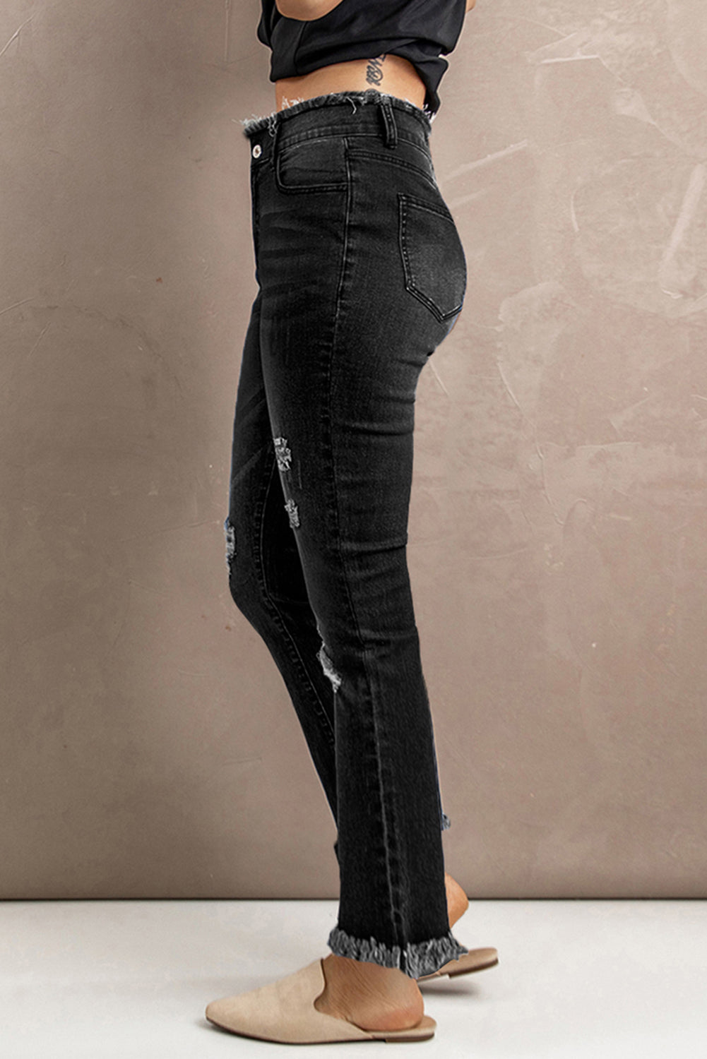 Black Frayed Ripped High Waist Flare Jeans Jeans JT's Designer Fashion