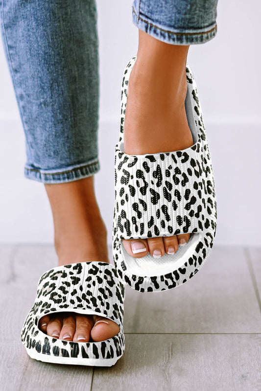 White Leopard Print Thick Sole Slip On Slippers Slippers JT's Designer Fashion
