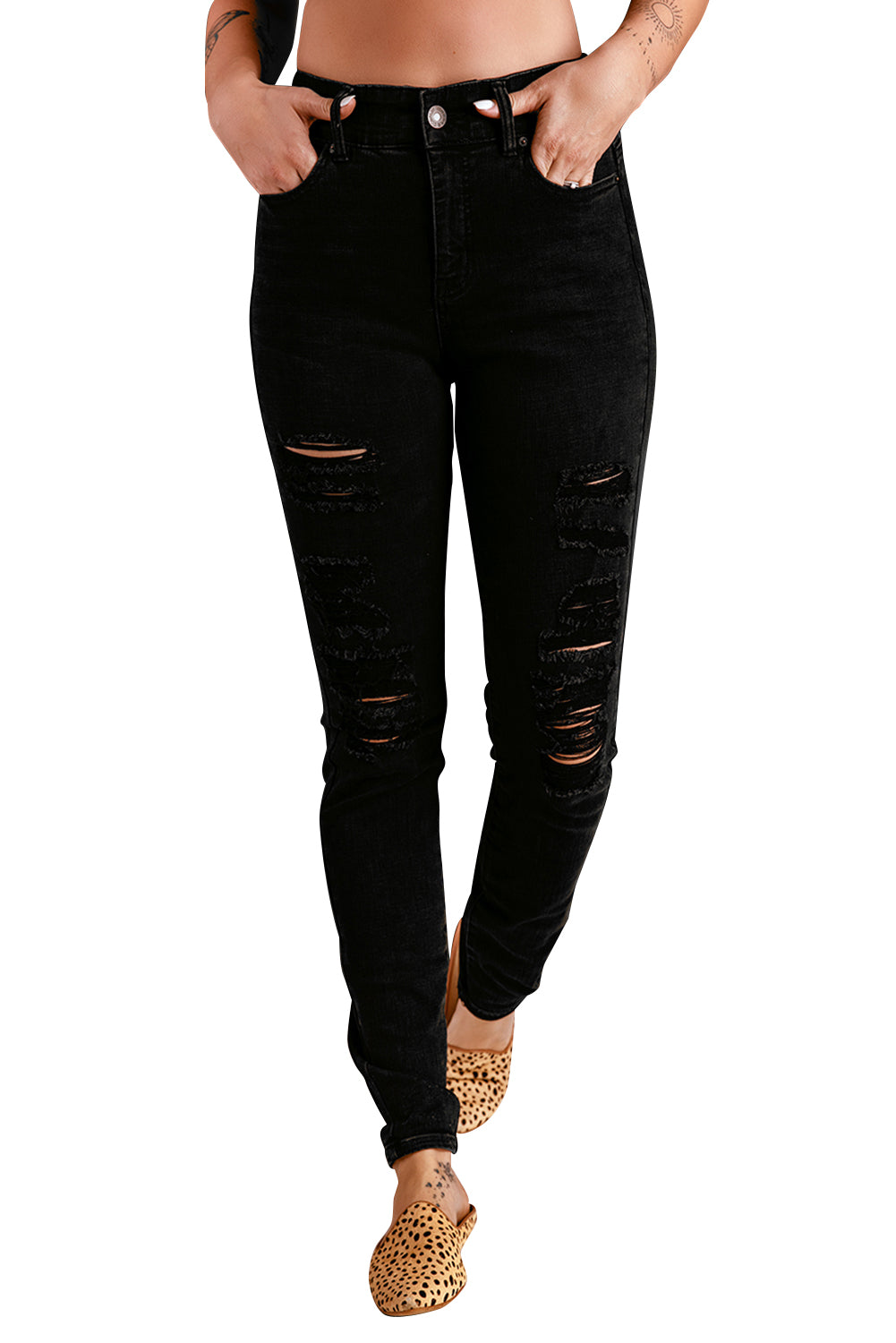 Black Distressed Ripped Slim High Waist Jeans Jeans JT's Designer Fashion