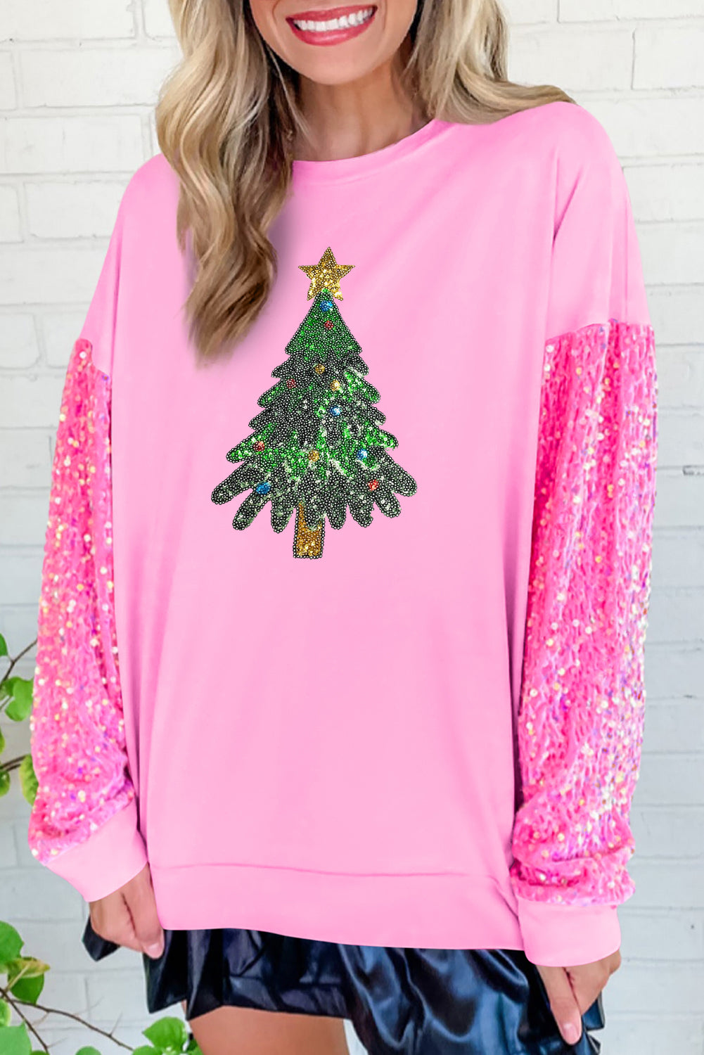 Pink Christmas Tree Sequin Sleeve Patched Graphic Sweatshirt Graphic Sweatshirts JT's Designer Fashion