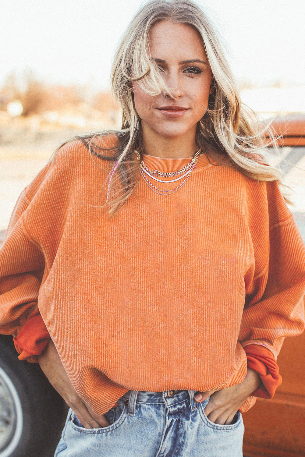 Orange Ribbed Corded Oversized Sweatshirt Sweatshirts & Hoodies JT's Designer Fashion