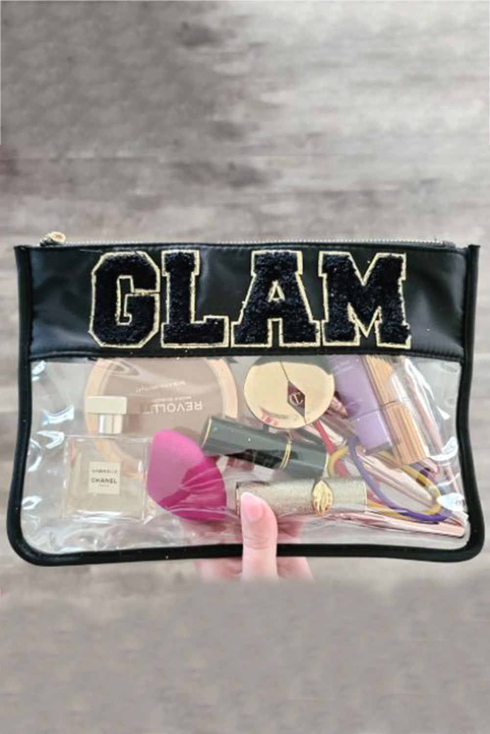Black GLAM Chenille Embroidered Clear Zipper Makeup Bag 30*20CM Other Accessories JT's Designer Fashion