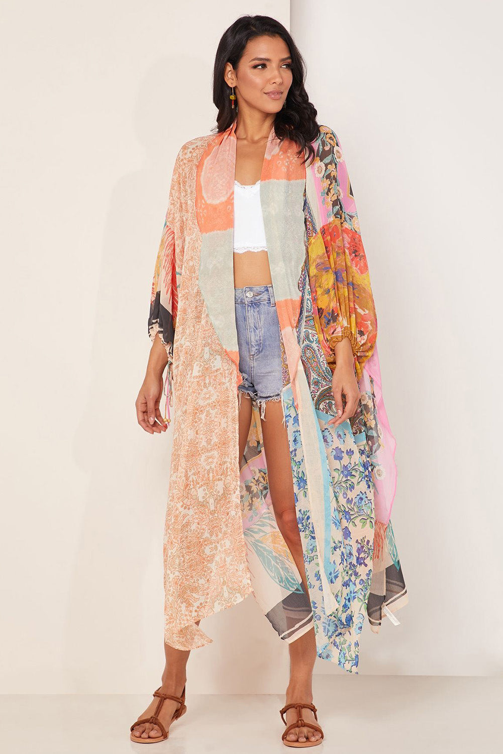 Orange Bohemian Patchwork Print Drawstring Puff Sleeve Kimono Kimonos JT's Designer Fashion