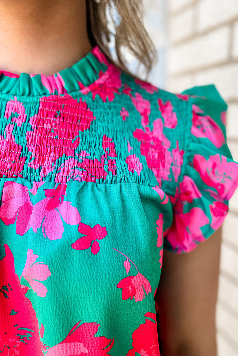 Green Floral Ruffled Flutter Sleeve Ruched Blouse Pre Order Tops JT's Designer Fashion