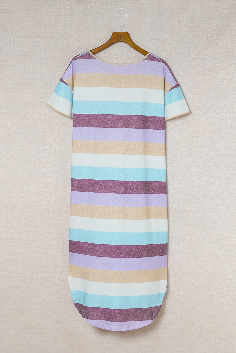 Striped Color Block V Neck T Shirt Midi Dress T Shirt Dresses JT's Designer Fashion