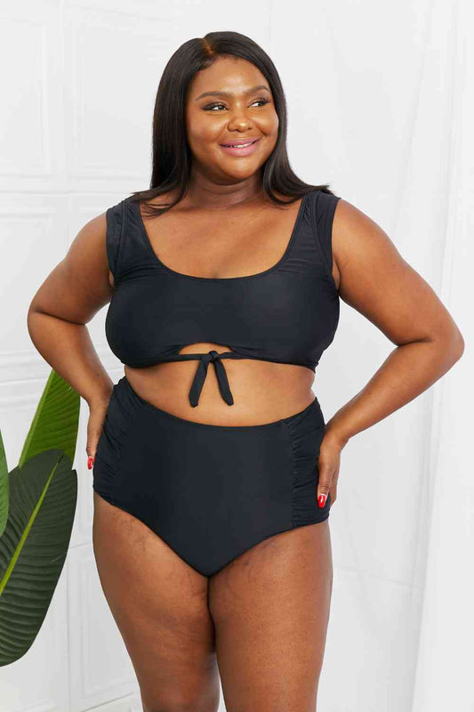 Marina West Swim Sanibel Crop Swim Top and Ruched Bottoms Set in Black Black Bikinis JT's Designer Fashion