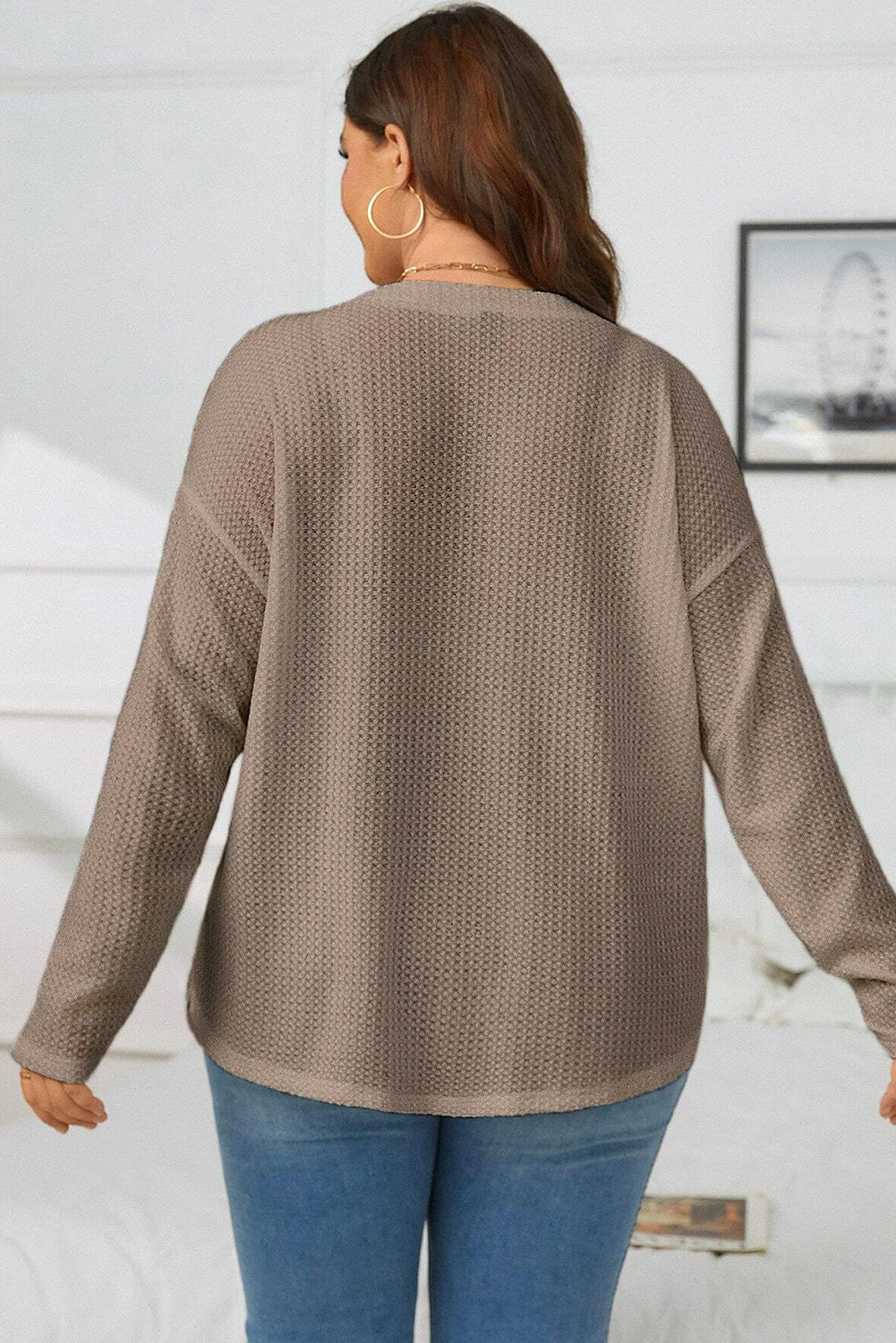 Simply Taupe Waffle Knit Drop Shoulder Button V Neck Plus Size Top Pre Order Plus Size JT's Designer Fashion