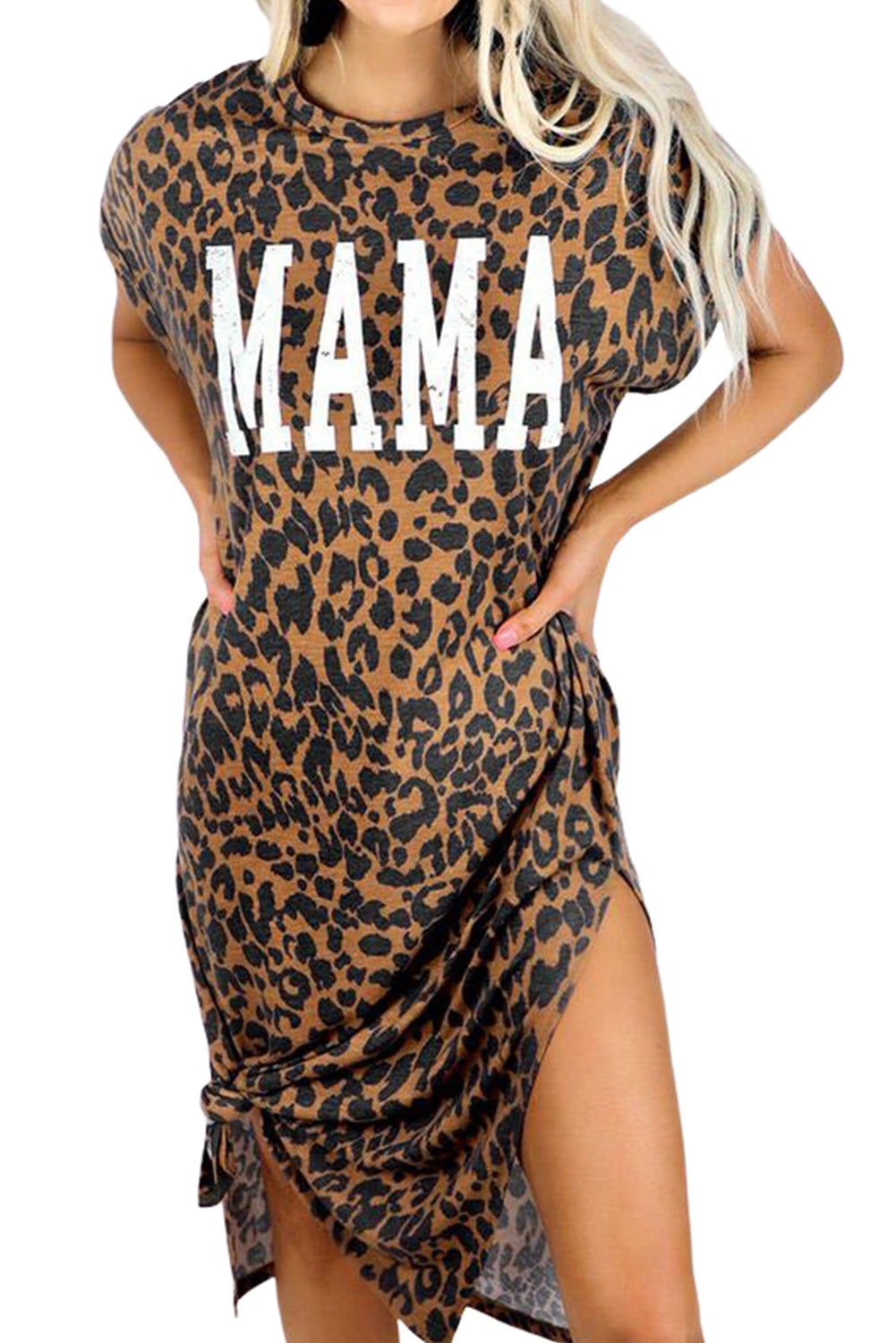Leopard MAMA Letter Print Slit T-Shirt Dress T Shirt Dresses JT's Designer Fashion