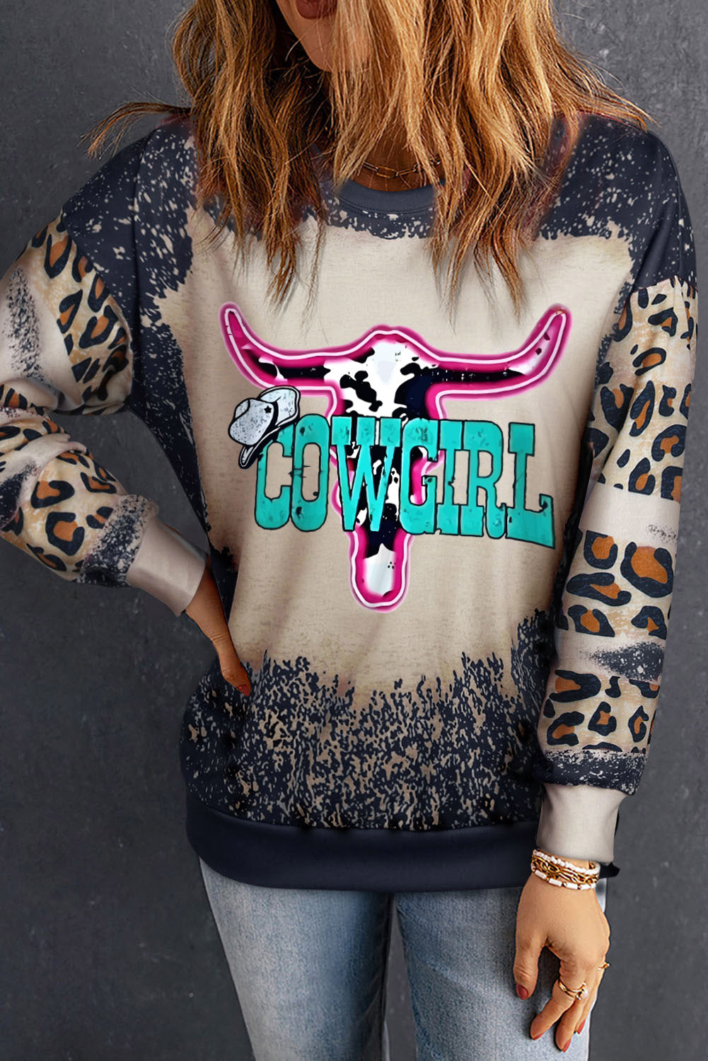 Black COWGIRL Western Graphic Leopard Tie Dye Sweatshirt Graphic Sweatshirts JT's Designer Fashion