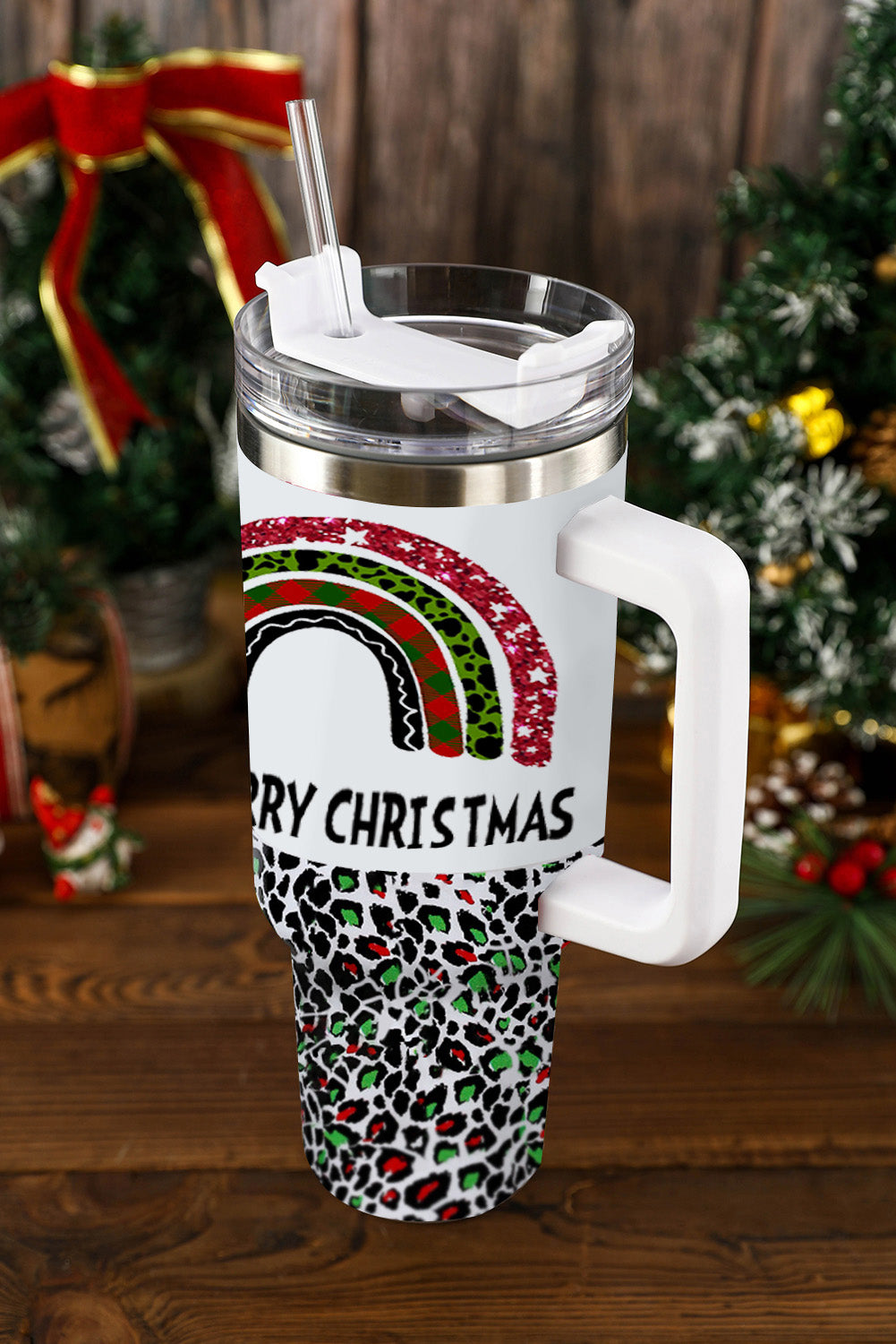 White MERRY CHRISTMAS Leopard Rainbow Printed Thermos Cup Tumblers JT's Designer Fashion