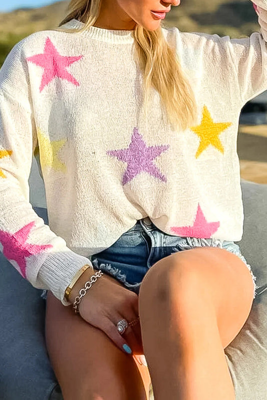 White Colorful Star Pattern Loose Sweater Pre Order Sweaters & Cardigans JT's Designer Fashion