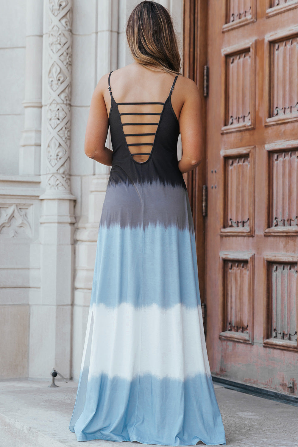 Sky Blue Spaghetti Strap Tie Dye Slit Maxi Dress Maxi Dresses JT's Designer Fashion
