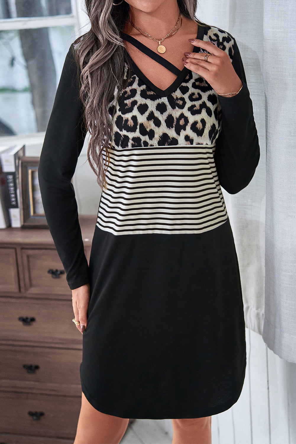 Black Striped & Leopard Print Tee Dress Dresses JT's Designer Fashion