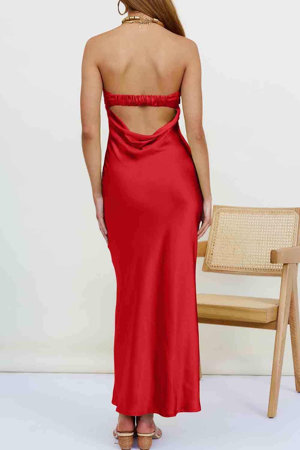 Red Strapless Pleated Neckline Cut out Back Maxi Dress Dresses JT's Designer Fashion