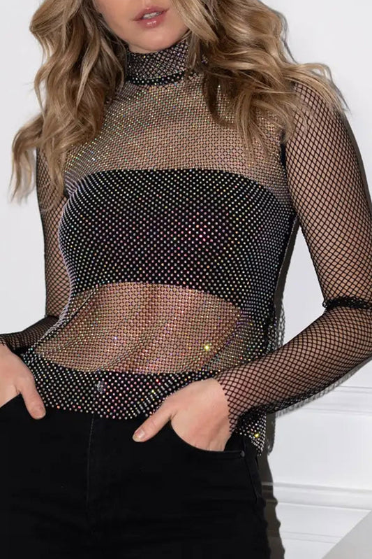 Black Glitter Fishnet High Neck Long Sleeve Top Tops & Tees JT's Designer Fashion