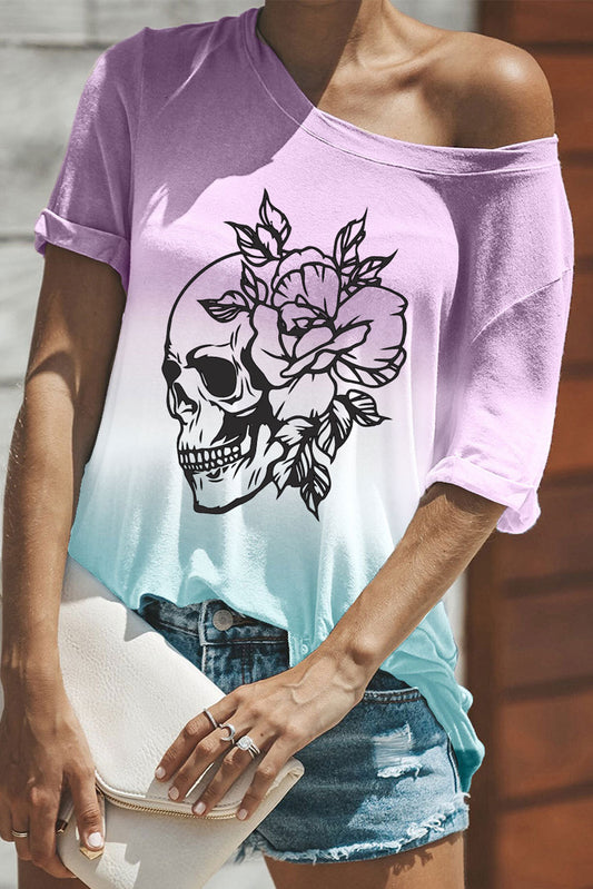 Purple Skull & Floral Print Ombre T Shirt Purple 95%Polyester+5%Spandex Graphic Tees JT's Designer Fashion