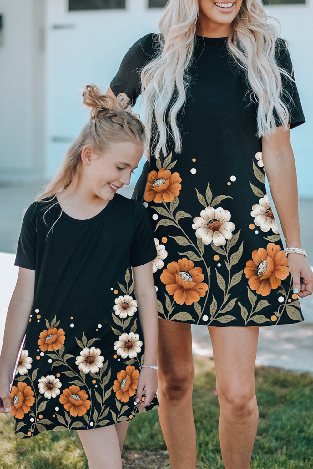 Black Family Matching Floral Printed Short Sleeve Mini Dress Black 60%Polyester+35%Viscose+5%Elastane Family Dress JT's Designer Fashion