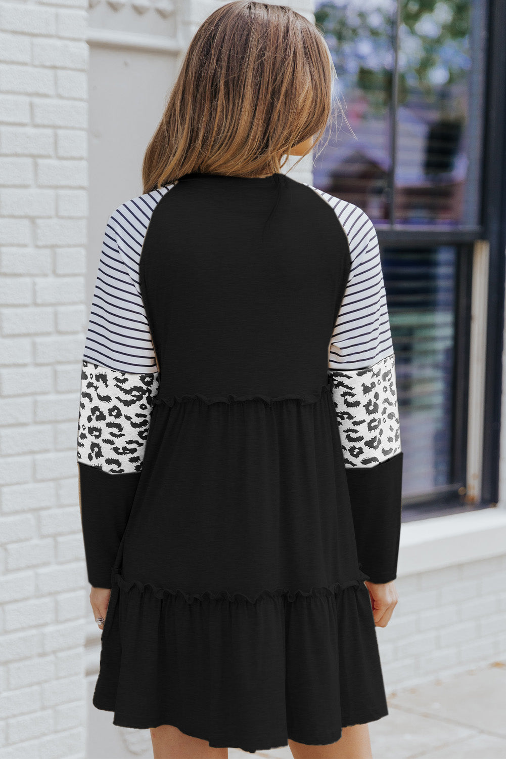 Black Striped Leopard Patchwork Long Sleeve Mini Dress Mini Dresses JT's Designer Fashion