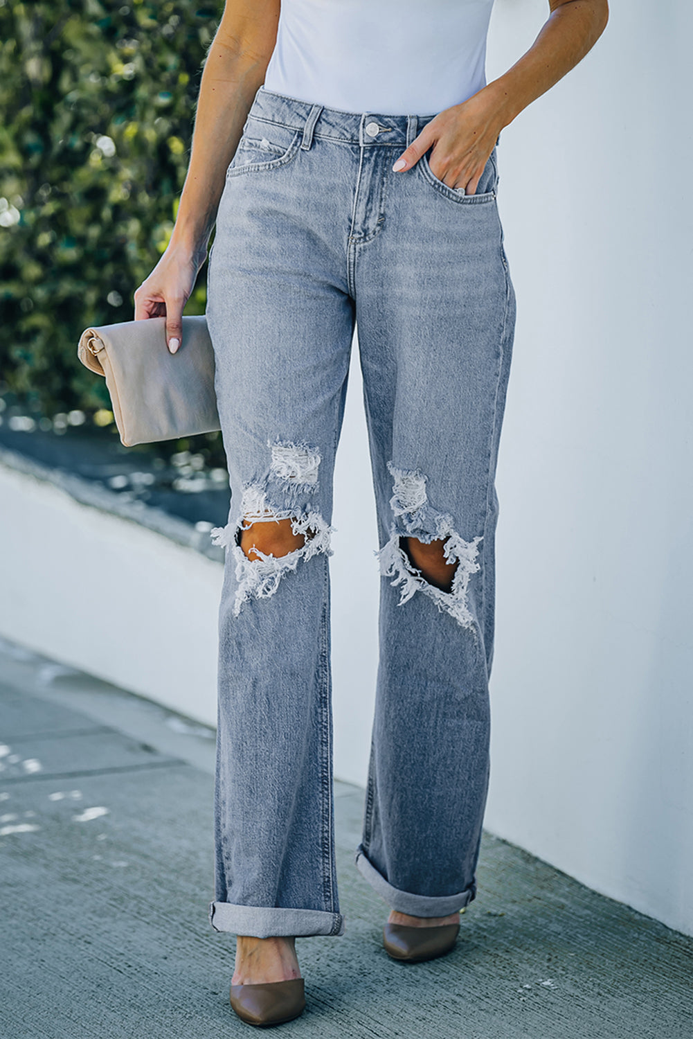 Sky Blue Loose Straight Leg High Waist Distressed Jeans Jeans JT's Designer Fashion