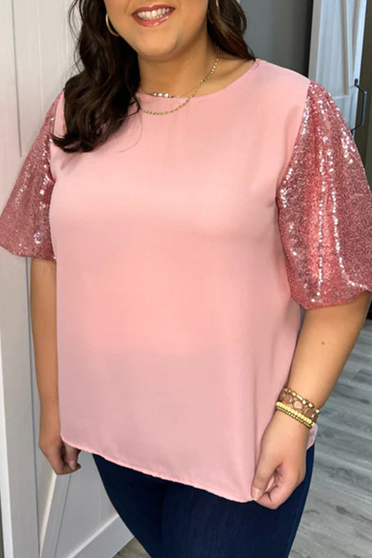 Pink Contrast Sequin Sleeve Plus Size T-shirt