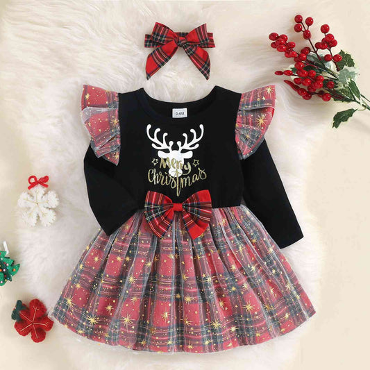 Round Neck Long Sleeve MERRY CHRISMAS Reindeer Graphic Dress Multicolor Baby JT's Designer Fashion