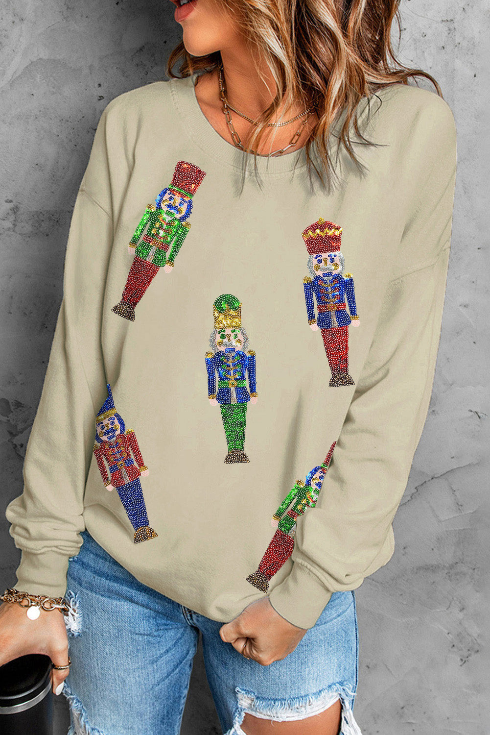 Khaki Sequined Nutcracker Doll Casual Sweatshirt Graphic Sweatshirts JT's Designer Fashion